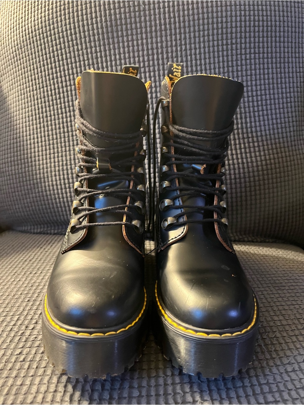 Dr. Martens Black Leather Leona  Platform Lace-Up Boots with Yellow Stitching